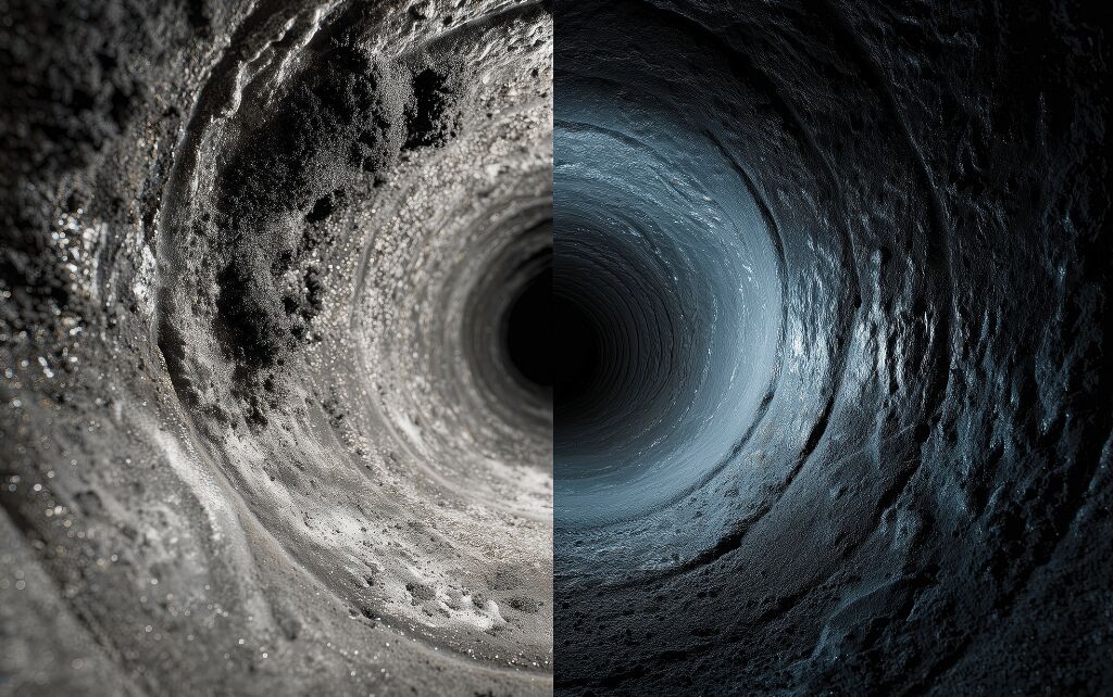 Before and after duct cleaning comparison showing dirty vs clean ducts